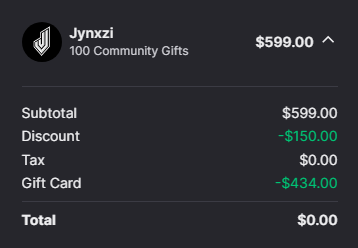 Twitch checkout showing a $5.99 community gift fully covered by a gift card, $0.00 total